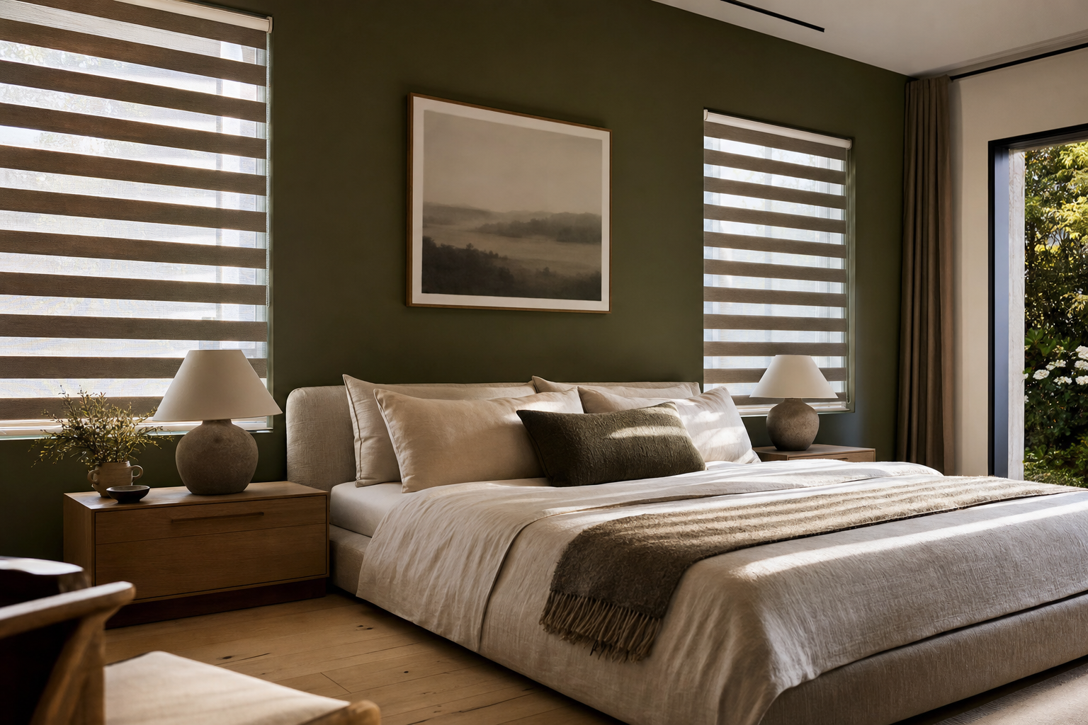 Bedroom with zebra blinds lowered across two windows, bed against a green painted wall