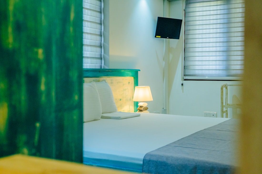 Bedroom with zebra blinds lowered across two windows, bed against a green painted wall