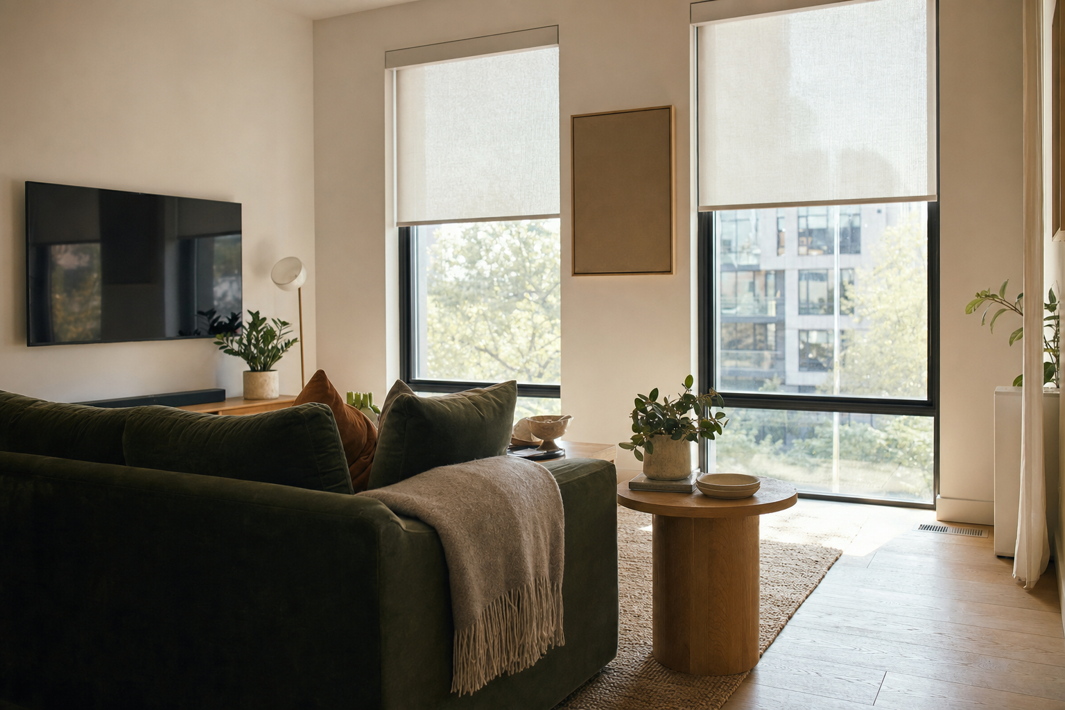 Living room with a television facing tall windows fitted with roller blinds