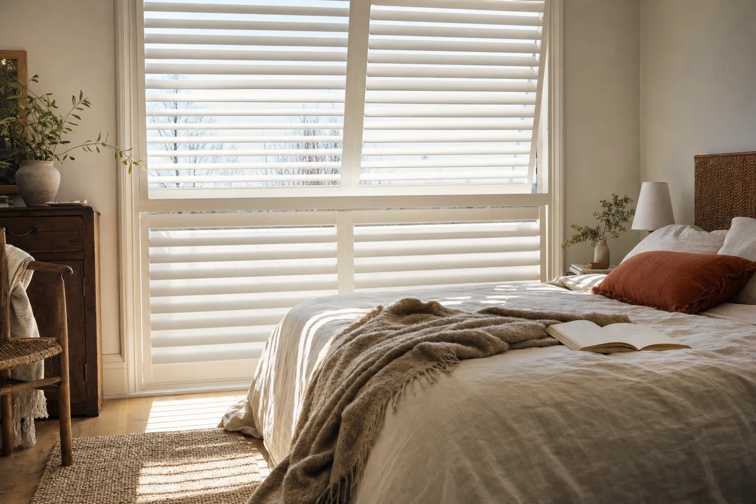 A bright bedroom window carrying white louvred shutters in two tiers, the louvres tilted open so pale sky and bare winter branches show through the upper tier, soft stripes of daylight lying over a linen bed with a wool throw, an open book and a terracotta pillow