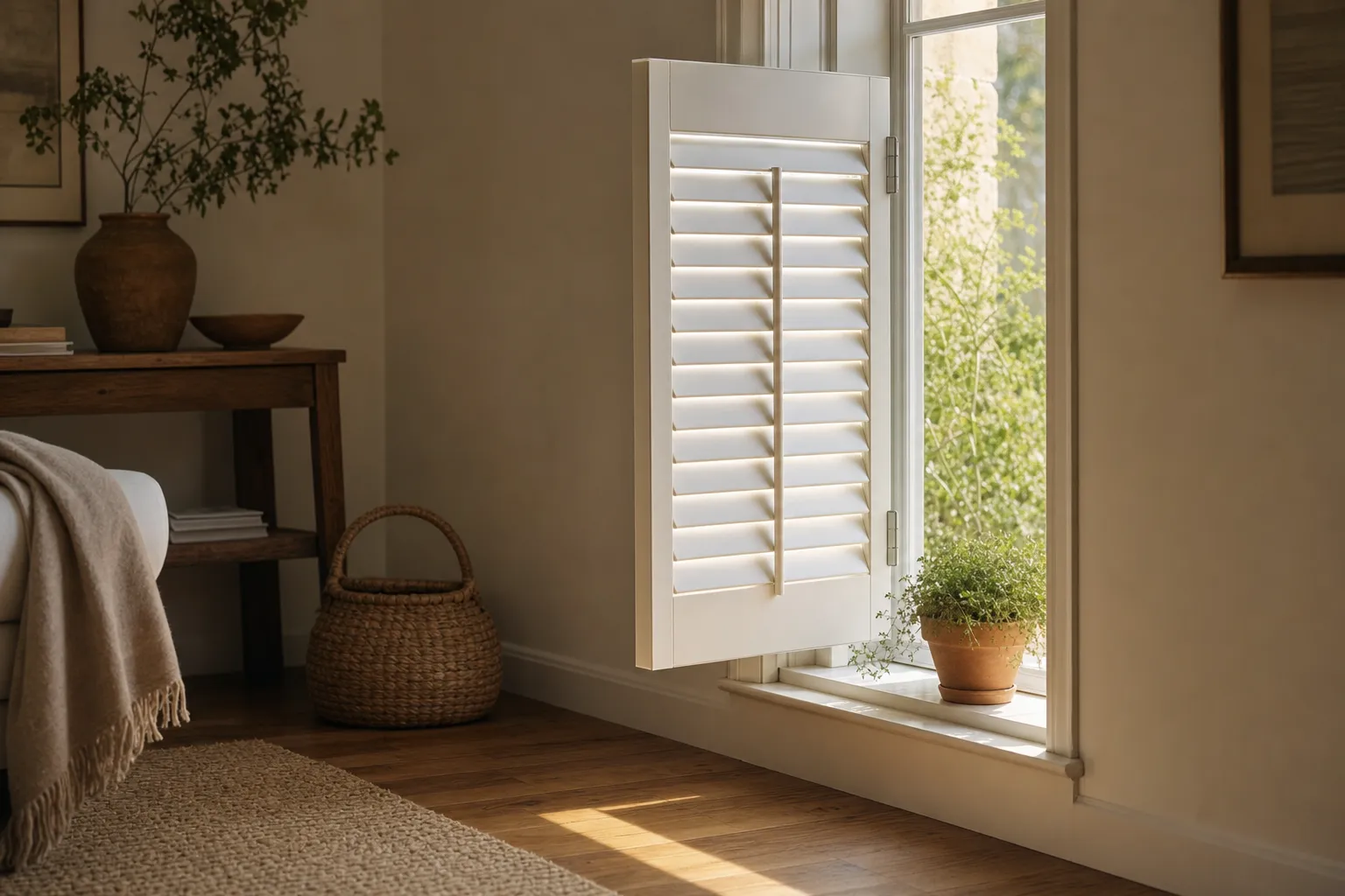 A single white hinged shutter panel swung into the room beside a window, a slim tilt rod running down the centre of its louvres and two hinges on the frame at the right, a terracotta pot of thyme on the sill and a wooden console table and woven basket beyond