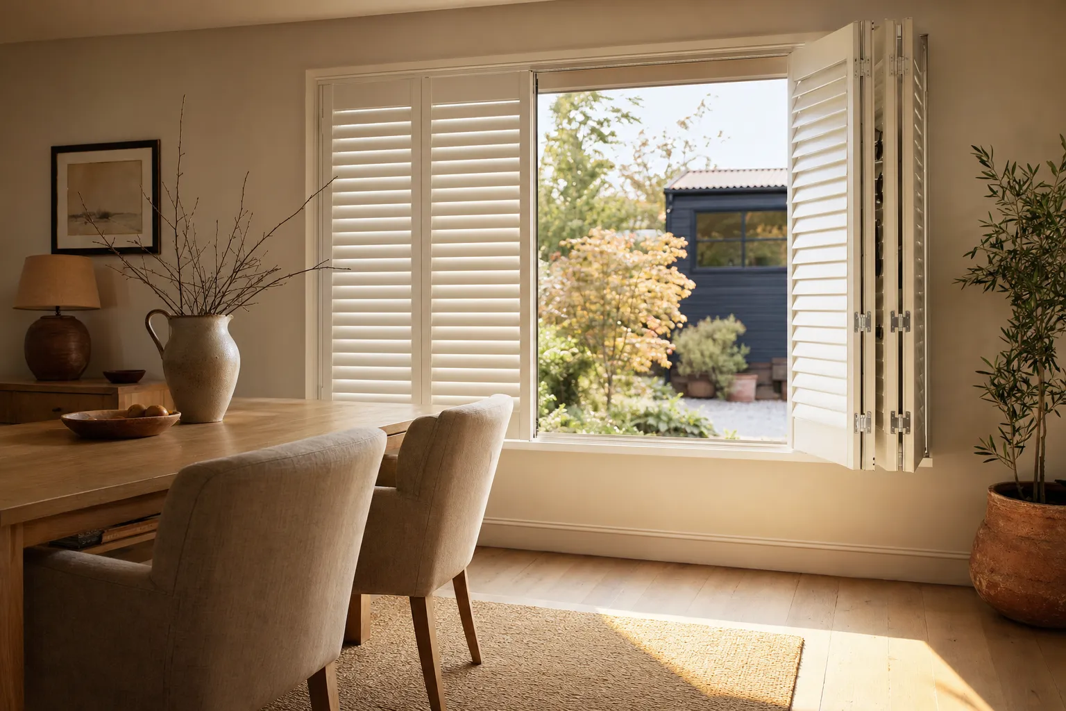 A dining-room window with white louvred shutters in four bi-fold panels, two closed on the left with their louvres tilted and two folded back flat on the right so the garden, a maple in autumn colour and a dark outbuilding show clearly, with a pale oak table, a stoneware jug of branches and two linen armchairs in front