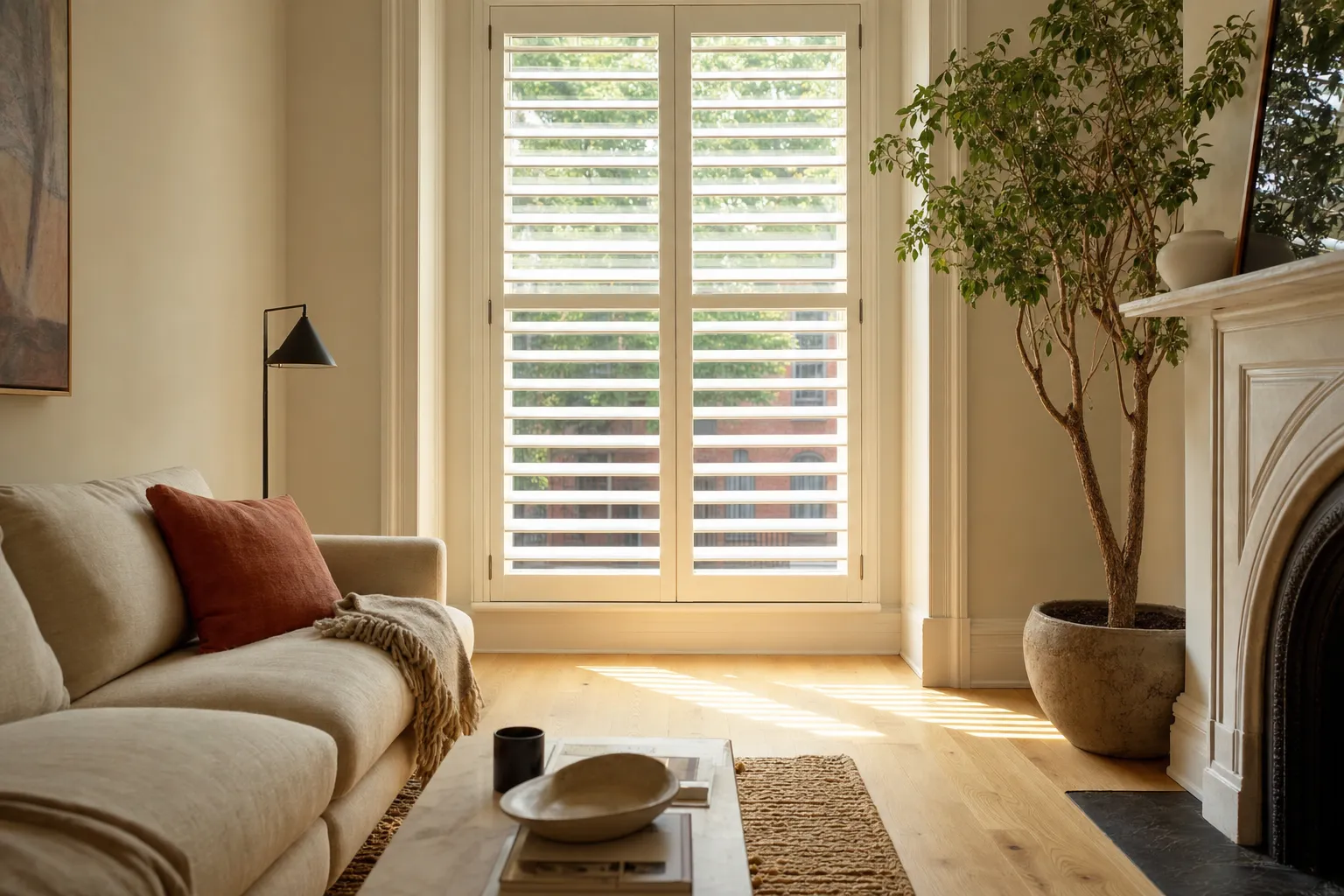 A bright living room in an older Toronto house, a tall window in a deep painted reveal fitted with white louvred shutters in two hinged panels, the louvres tilted open so red-brick houses and leafy trees show in thin bands and daylight falls in stripes across a pale oak floor, a linen sofa with a terracotta cushion and a wool throw beside a tall potted tree