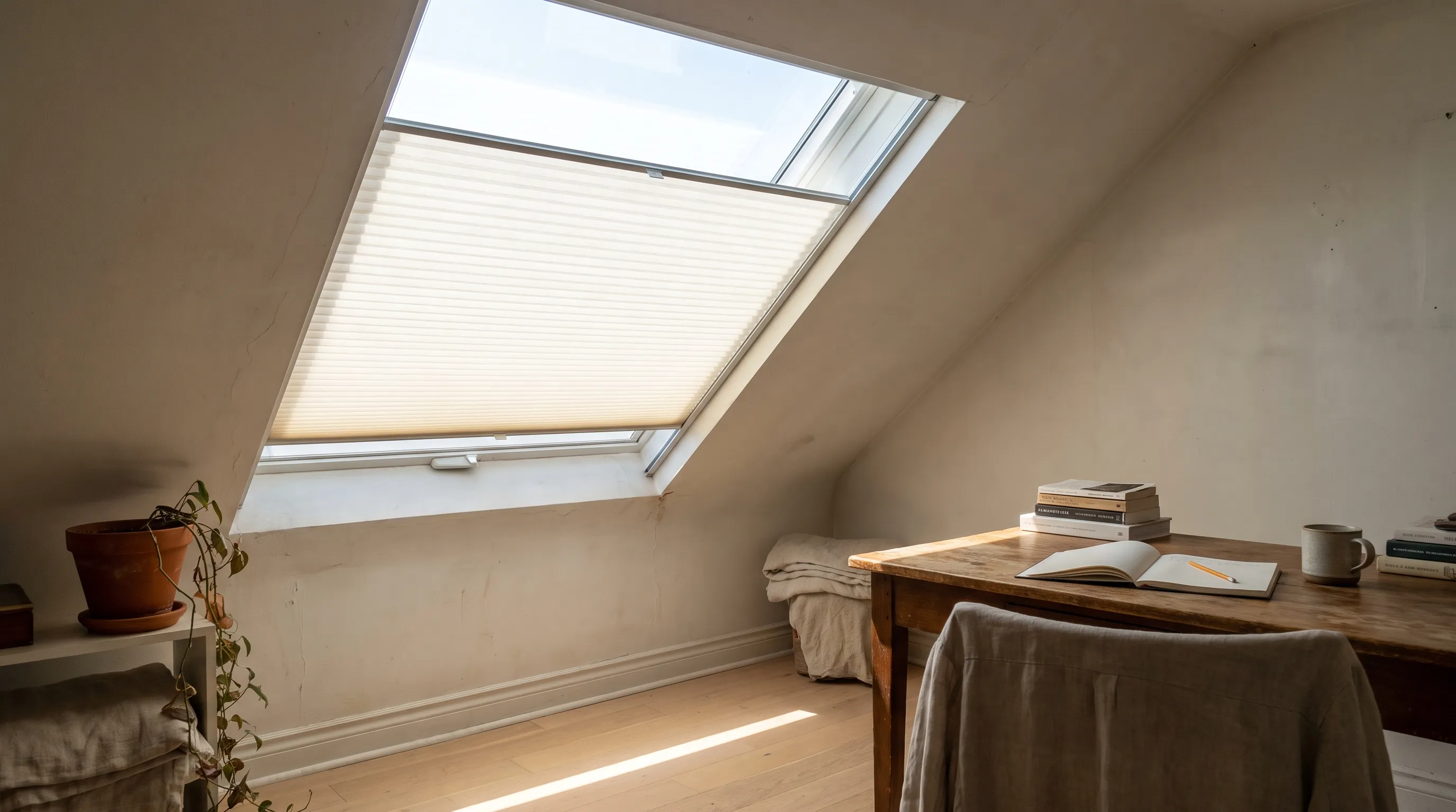 An attic study under a sloping ceiling, a warm-white pleated blind pulled two thirds down a roof window and held flat in slim side channels, bright sky through the glass above it and a wooden desk with an open notebook and a mug below