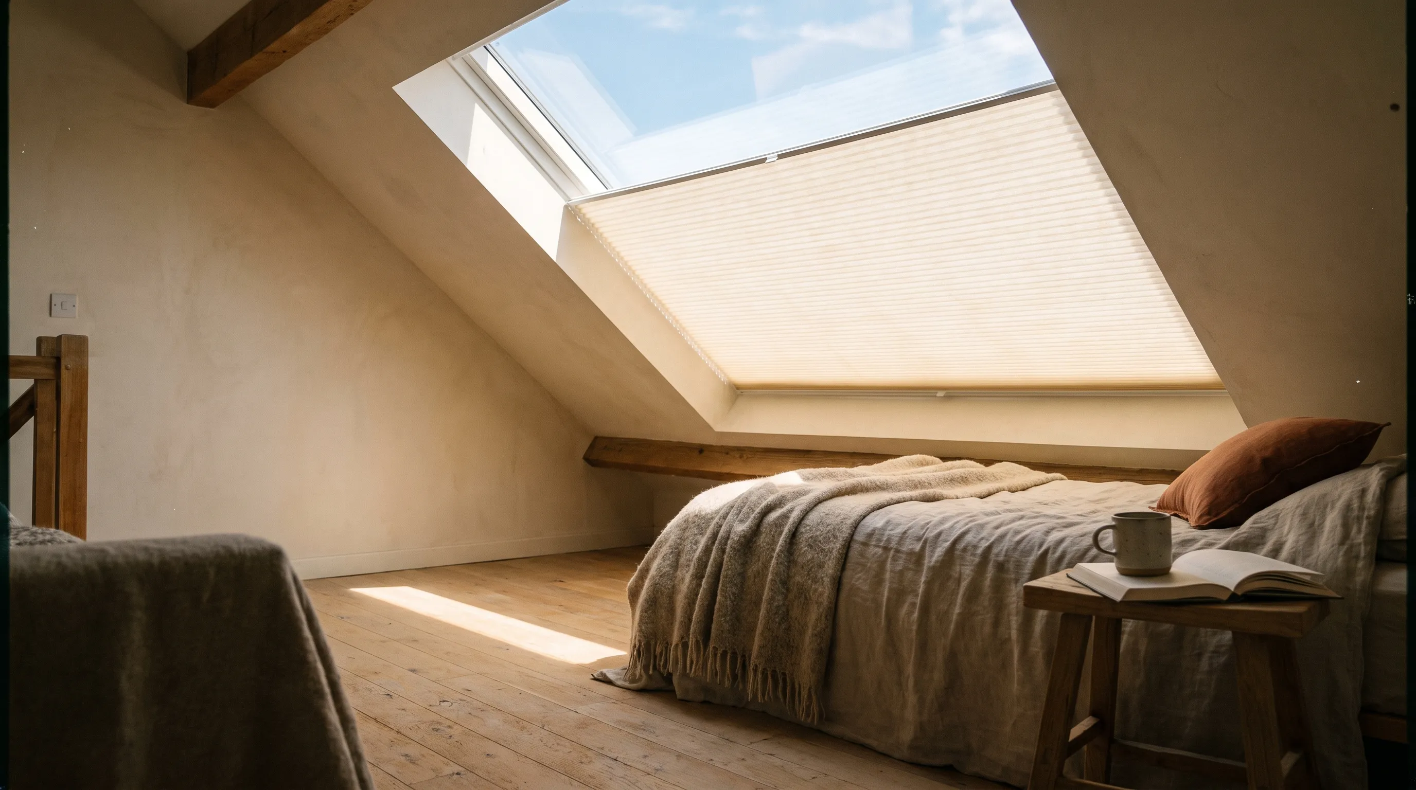 A loft bedroom under a sloping ceiling, a warm-white pleated blind drawn two thirds down a large roof window in its side channels with bright sky and cloud showing above it, and a linen bed with a wool throw and a terracotta cushion beneath