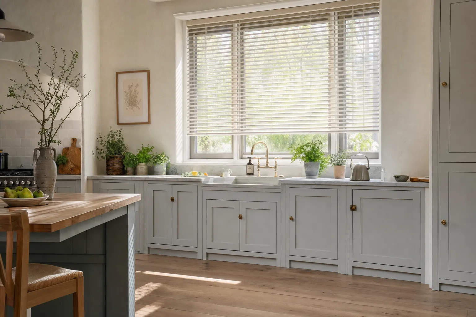 Pale venetian blinds above a bright kitchen sink, the slats tilted part open and daylight striping the counter