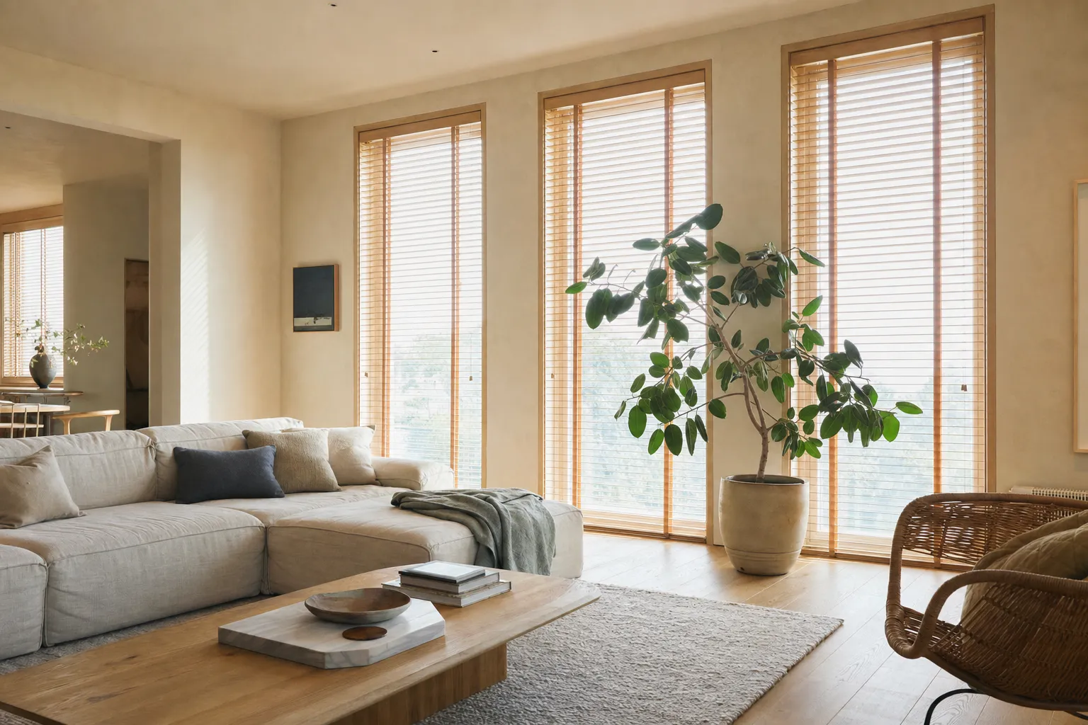 Wooden venetian blinds on tall living-room windows, the slats tilted open to keep the view while taking the glare out at eye level