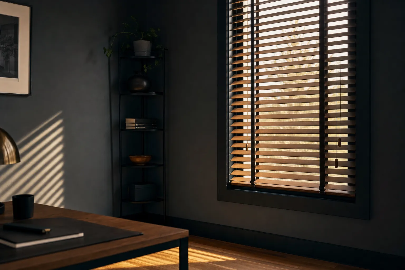 Wooden venetian blinds tilted open, throwing parallel stripes of warm light across the wall and floor of a dark study