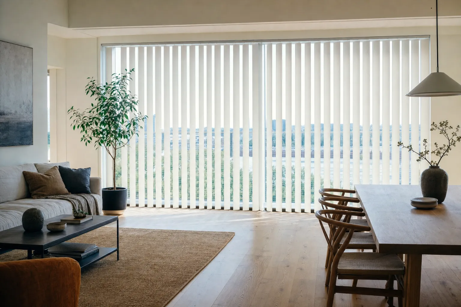 Vertical blinds along a wide window in a bright open-plan room, the daylit view showing in narrow vertical slivers between the vanes