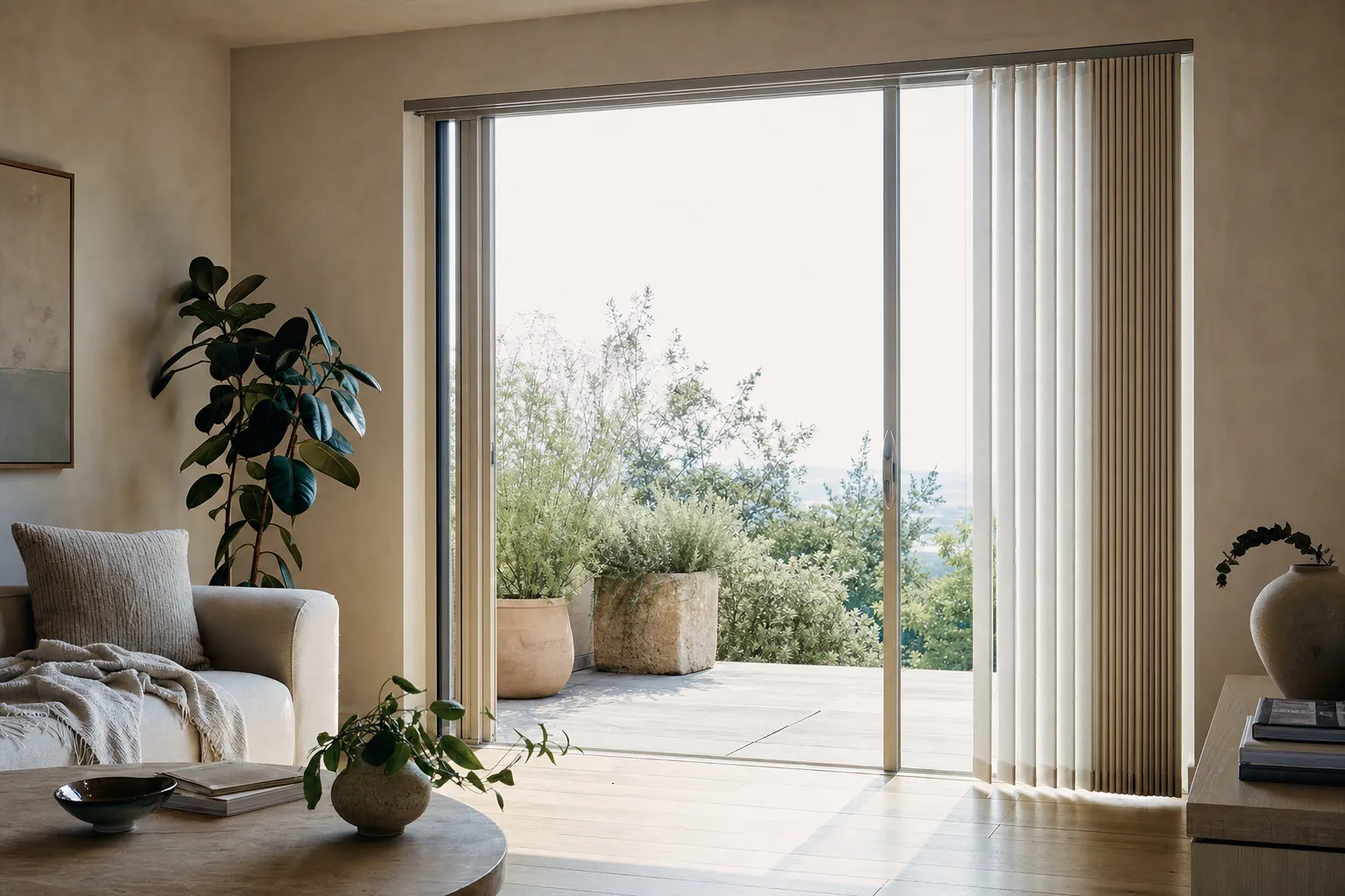 Vertical blinds drawn to the sides of a bright sliding door, the vanes stacked clear of the glass and a sunlit terrace open beyond