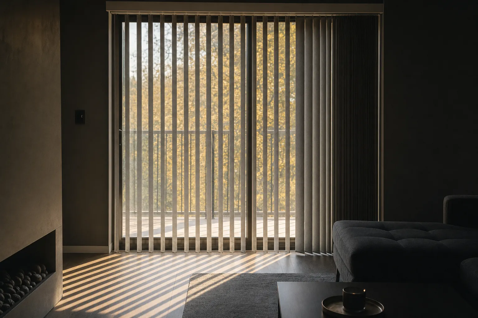 Vertical fabric vanes across a wide patio door, some angled to let tall narrow strips of daylight through and the rest stacked against the frame