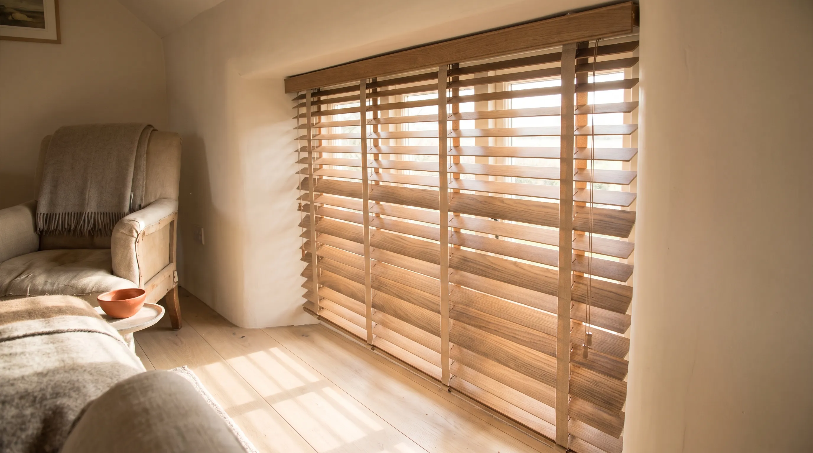 A close three-quarter view of a real wood venetian blind, the grain running along each stained timber slat and wide woven ladder tapes holding them, daylight from behind picking out every slat edge