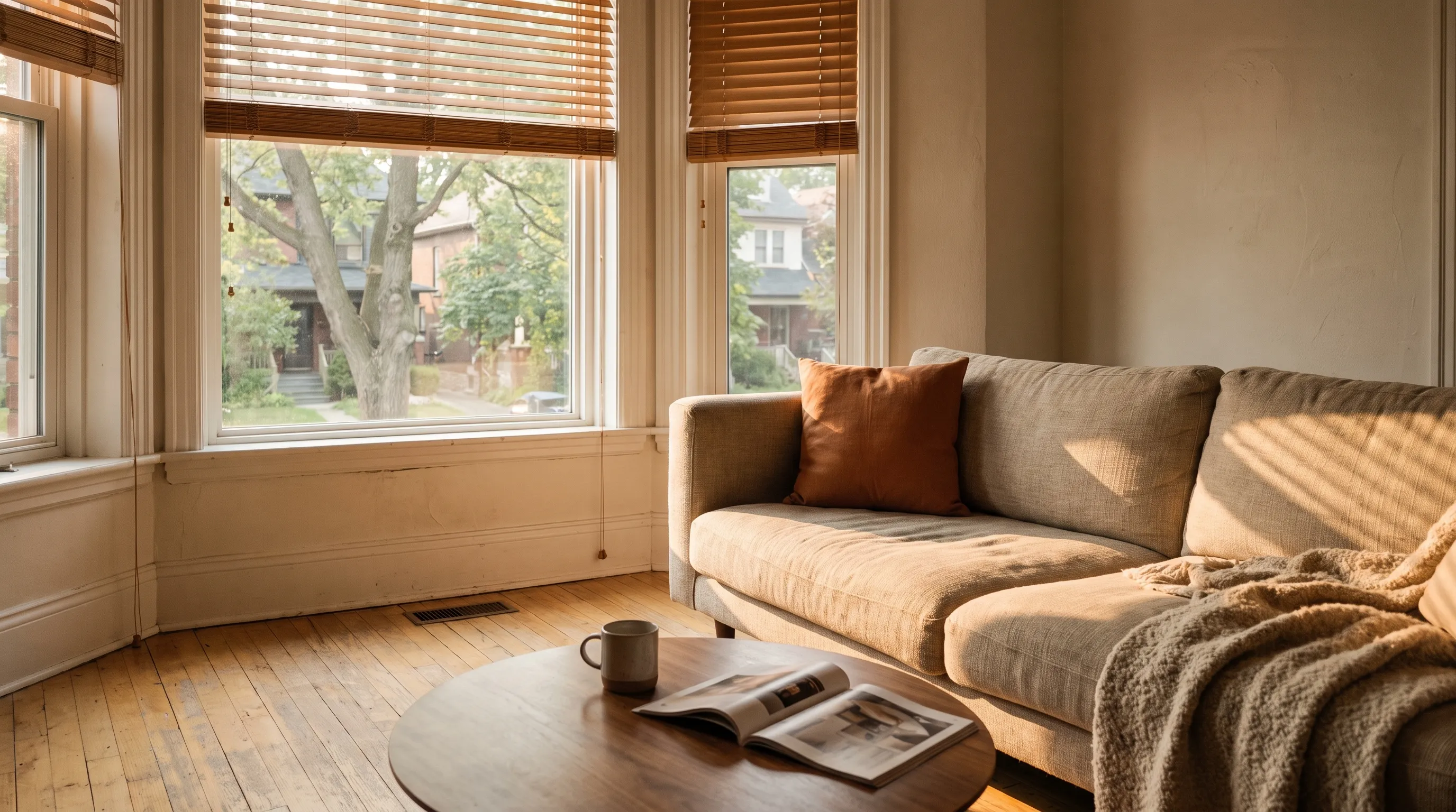 Wooden venetian blinds in a mid-oak stain raised on two living-room windows so the stacked slats sit in a band across the top of the glass and a leafy street of brick houses is open below, with a sofa, a terracotta cushion and an open magazine