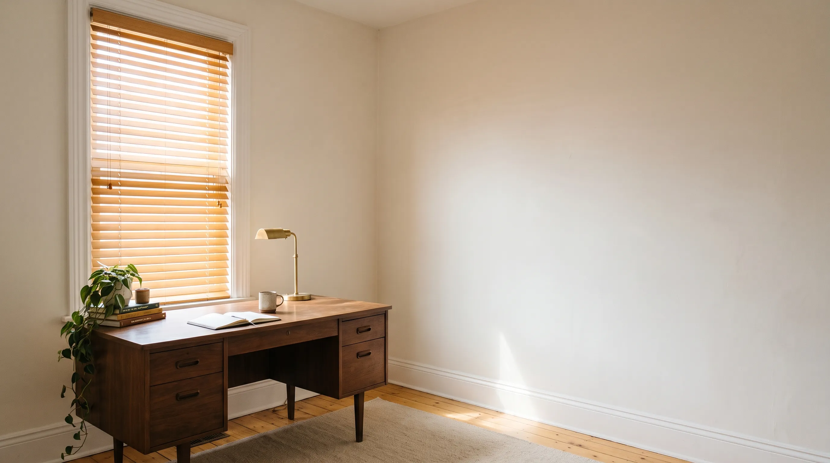 A real basswood venetian blind in a honey stain filling a tall study window, the slats tilted so light falls across a walnut desk with an open notebook, a ceramic mug and a brass lamp, and a wide bare wall beyond