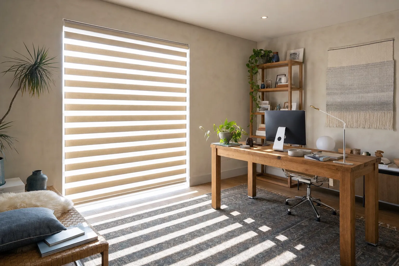 Zebra blinds in a sunlit home office, the banded fabric breaking the sun into stripes across the wall and keeping it off the desk