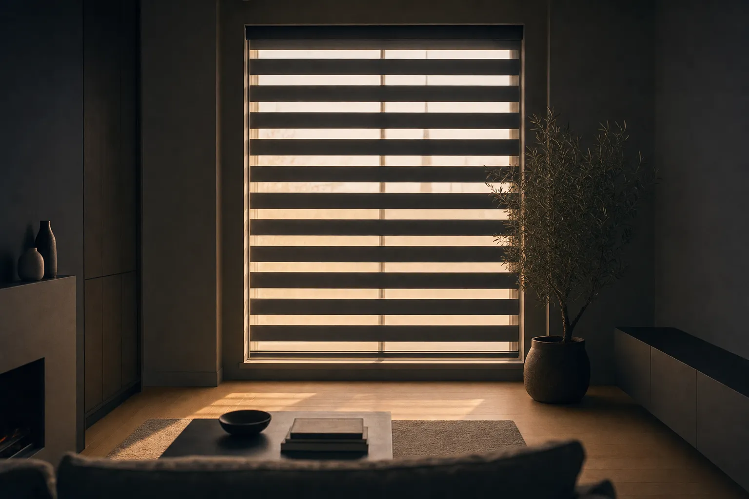 Zebra blinds across a tall living-room window, alternating sheer and solid bands letting striped daylight into a dark room