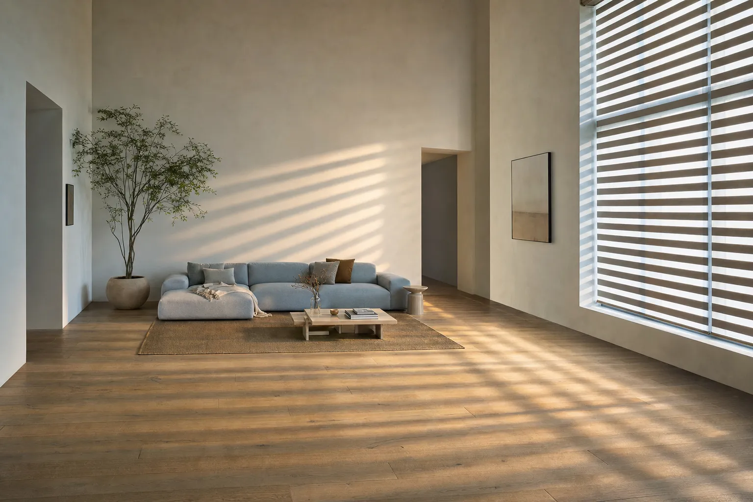 A wide, bright living room with a tall window of zebra blinds on the right, the alternating sheer and solid bands throwing long stripes of morning light across the oak floor and the far wall, a low blue sofa and a tree in the distance
